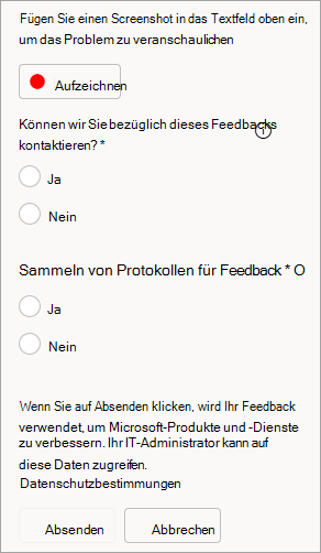 Screenshot: Option zum Zulassen von Kontakten und Senden von Protokollen beim Senden von Feedback