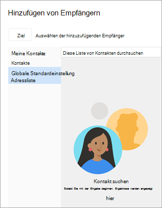 Suchen Sie in Ihren Kontaktlisten oder Ihrem Adressbuch. Wenn Sie einen Kontakt finden, an den Sie E-Mails senden möchten, wählen Sie das Pluszeichen neben seinem Namen aus.