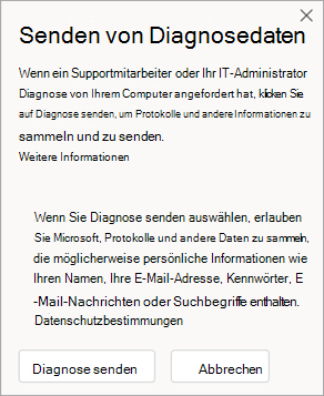 Screenshot des Fensters zum Senden von Diagnosedaten beim Sprechen mit einem Agent
