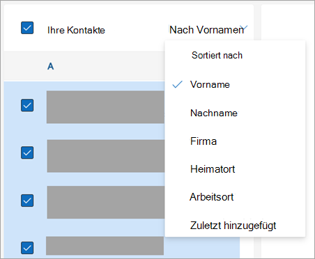 Screenshot der Optionen zum Sortieren von Kontakten
