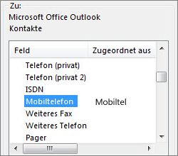 'Handynr' wird dem Outlook-Feld 'Mobiltelefon' zugeordnet