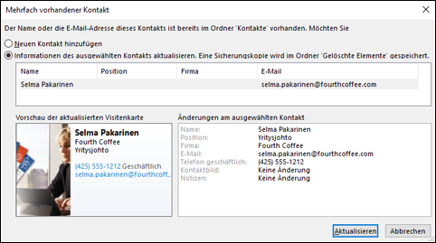 Wenn Sie einen doppelten Kontakt haben, fragt Outlook Sie, ob Sie ihn aktualisieren möchten.