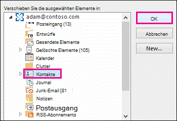 Den Kontakt in den Kontakteordner verschieben