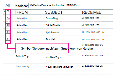 Symbol zum Sortieren von Gruppenkontakten nach Symbol im Ordner 