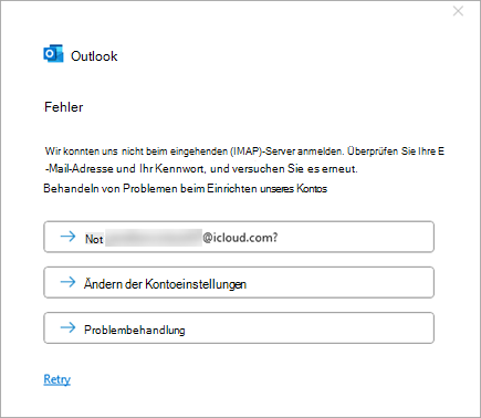 Screenshot der Fehlermeldung, dass beim Hinzufügen eines iCloud-Kontos ein Fehler aufgetreten ist