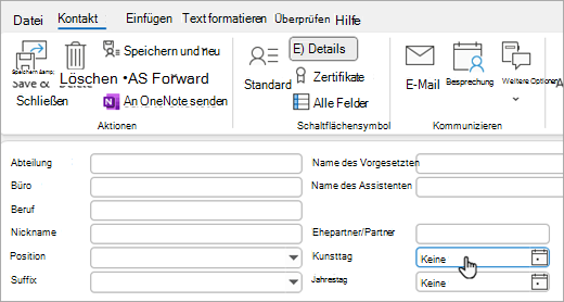 Screenshot der Detailansicht bei Kontakten Karte zum Hinzufügen eines Geburtstags oder Jahrestags