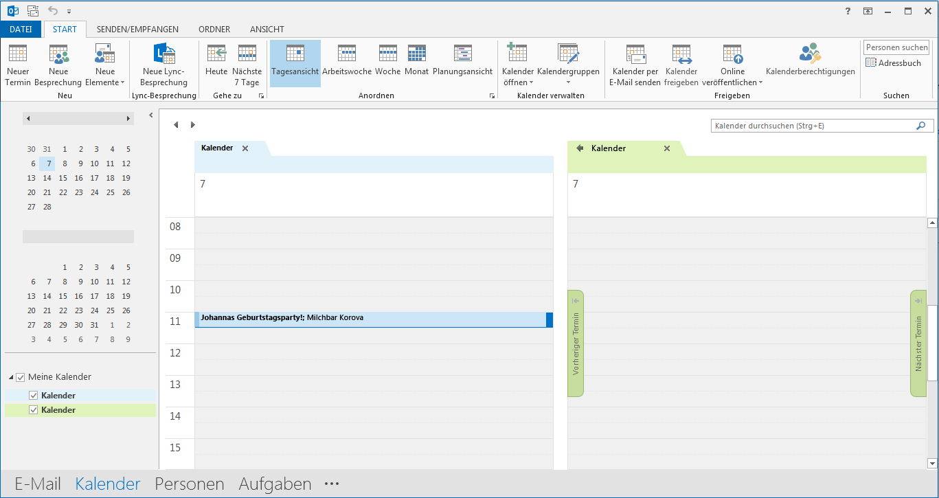 Die Kalender werden nebeneinander im Lesebereich angezeigt.
