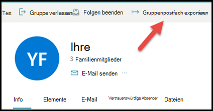 Die Gruppe Karte in Outlook.com mit einem Pfeil nach oben und nach rechts auf Gruppenpostfach exportieren.