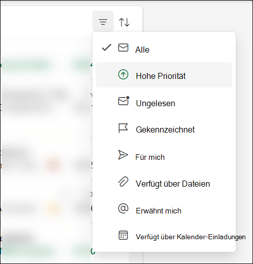 Das Nachrichtenfiltermenü in Outlook zeigt an, dass hohe Priorität eine Option ist.