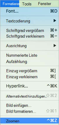Zeigt die Auswahl von Zoom im Menü 