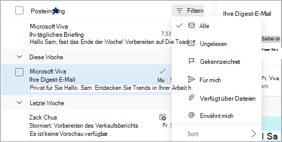 Abbildung der Filteroptionen über das Dropdownmenü.
