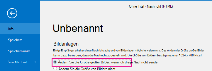 Wenn Sie auf diese Option klicken, können Sie outlook die Größe von Bildern ändern, wenn sie gesendet werden.