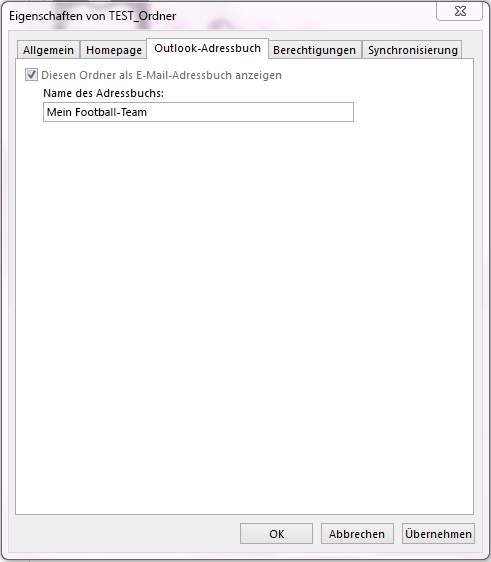 Stellen Sie sicher, dass das Kontrollkästchen Diesen Ordner als E-Mail-Adressbuch anzeigen aktiviert ist.