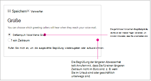 Die beiden Begrüßungsoptionen sind Standard und Erweiterung für Abwesenheit.