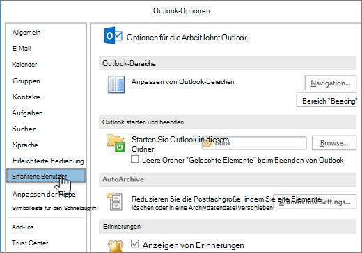 Outlook-Optionen mit ausgewählter Option 