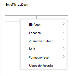 Screenshot des Tabellenkontextmenüs