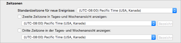 Zeigt die zweite und dritte Zeitzone in Calendar Einstellungen an