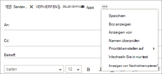 Screenshot: Optionen, die über den Befehl 