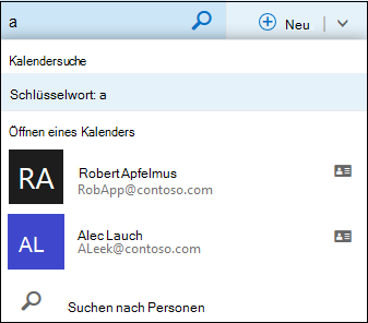 Die Kalendersuchliste, die angezeigt wird, wenn Sie etwas in das Kalendersuchfeld eingeben und wenn ein Name in Ihrer Kontaktliste oder im Verzeichnis eine Übereinstimmung ergibt.
