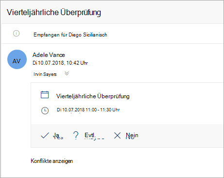 Screenshot einer Besprechungseinladung, die an eine Stellvertretung gesendet wurde