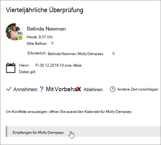 Screenshot einer Besprechungseinladung, die an einen freigegebenen Kalender gesendet wurde.
