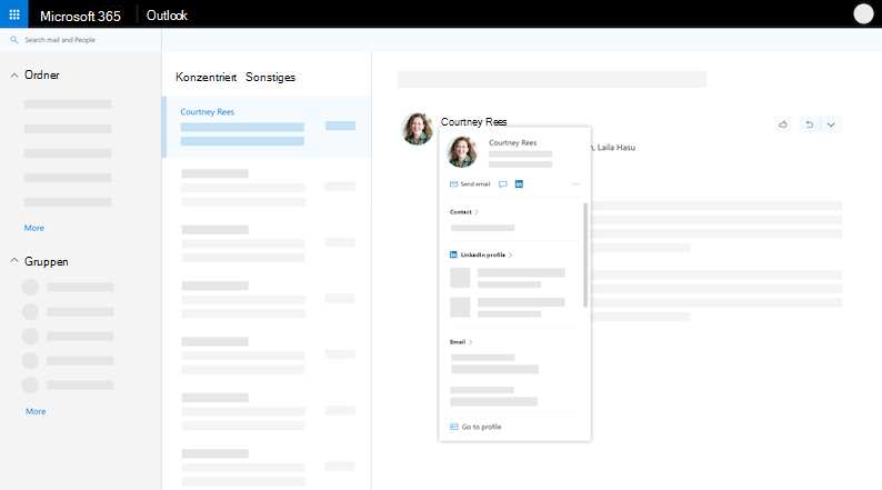 Profil-Karte in Outlook im Web Ansicht mit dem Mauszeiger