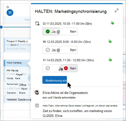 Popupfenster mit Optionen für die Abstimmungsplanung