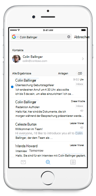 Zeigt einen mobilen Bildschirm mit der Suchleiste oben und einem eingegebenen Namen an. Suchergebnisse befinden sich unterhalb der Suchleiste.