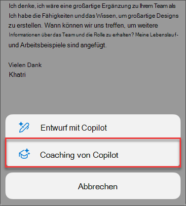 Menüoption für Coaching durch Copilot in Outlook für Mobilgeräte