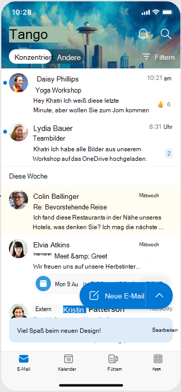 Ein Bildschirm, der zeigt, wie ein Design aussieht, wenn es auf Outlook Mobile angewendet wird