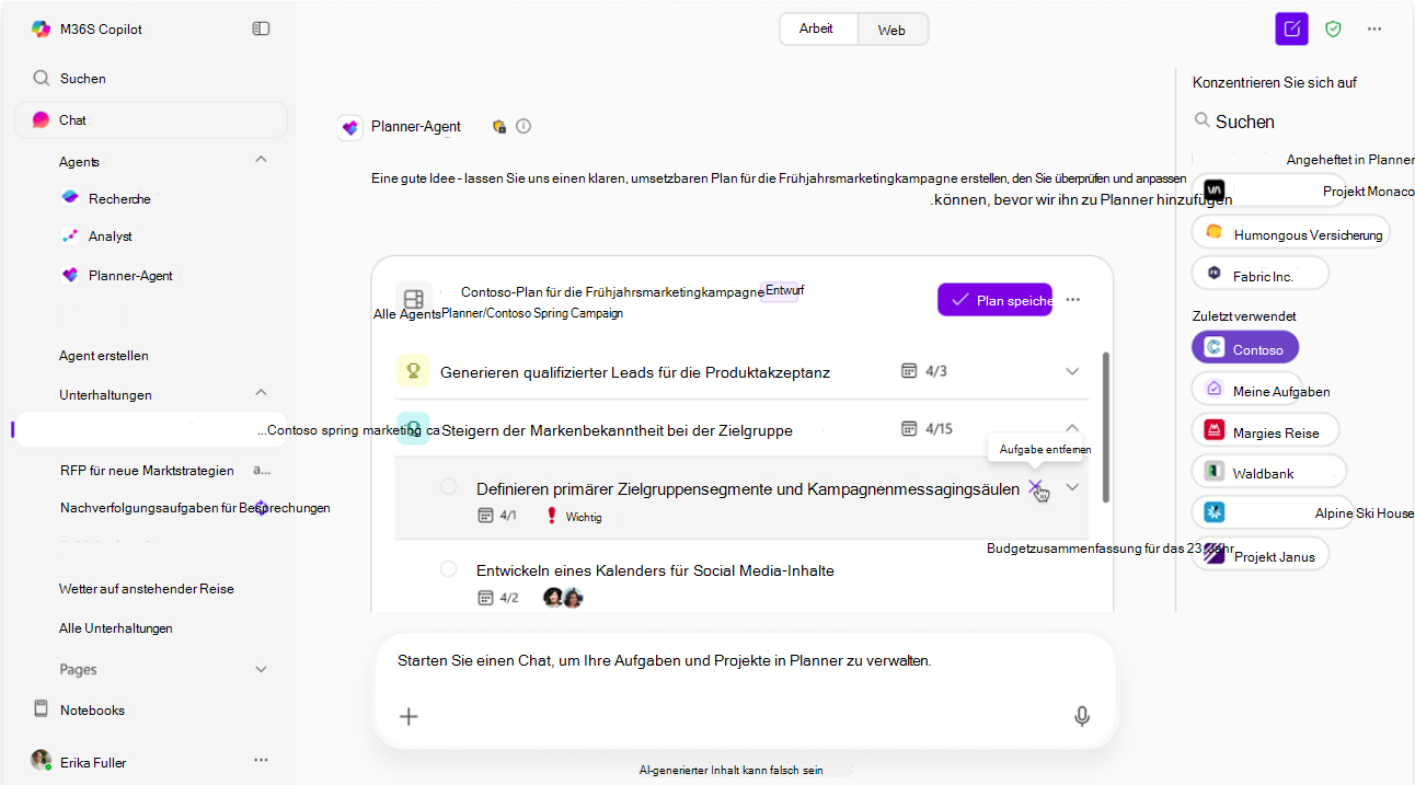 Screenshot, der zeigt, wie der Planner-Agent KI-Vorschläge im Entwurfsmodus bearbeitet.