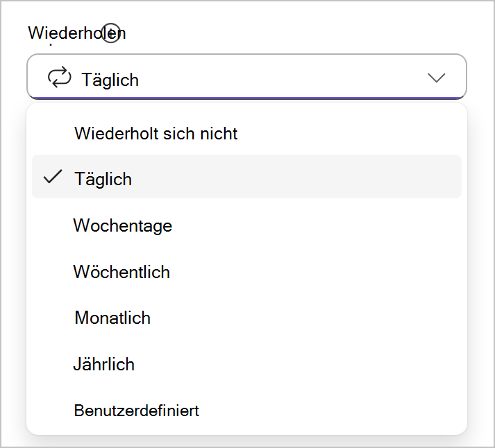 Dropdownliste mit Optionen für Serienfelder