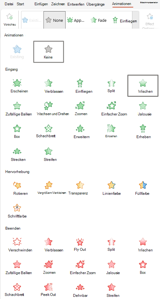 Screenshot der für PowerPoint für das Web verfügbaren Animationen.