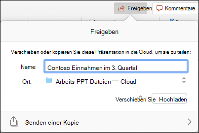 Dialogfeld zum Hochladen der Präsentation in Ihren Microsoft-Cloudspeicher für die nahtlose Freigabe.