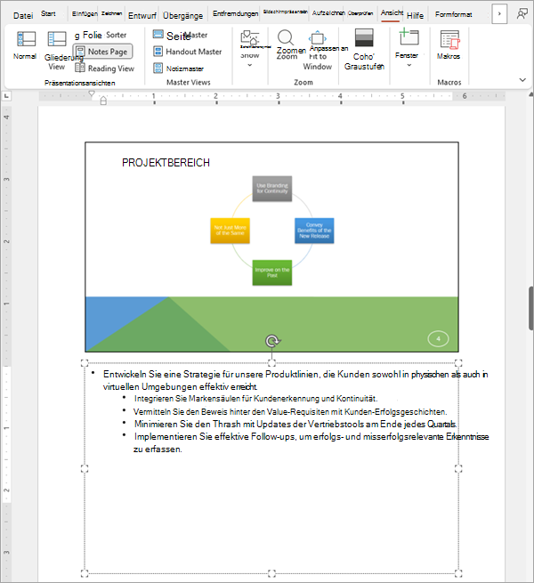 Screenshot: Eine Folie in einer PowerPoint-Foliengruppe mit den zugehörigen Notizen