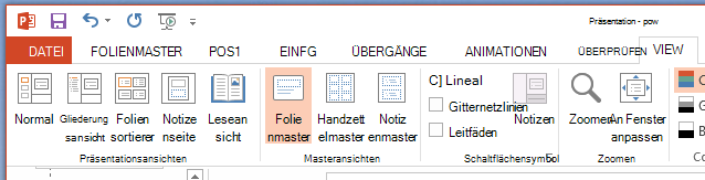 Die Schaltfläche Folienmaster befindet sich auf der Registerkarte Ansicht des Menübands.