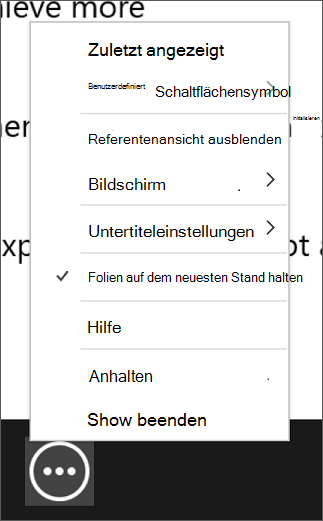 Das Menü „Weitere Optionen für die Bildschirmpräsentation“ mit der aktivierten Option „Folien auf dem neuesten Stand halten“.