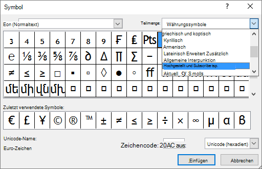 Zeigt die Untergruppen 'Tiefgestellt' und 'Hochgestellt' im Dialogfeld 'Symbol' in PowerPoint