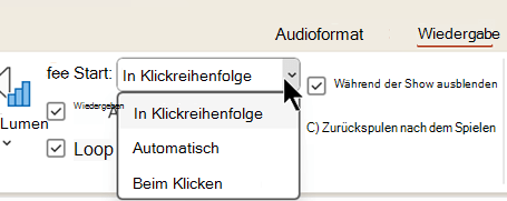 Auf der Registerkarte Wiedergabe für Audiodateien gibt es drei Optionen für den Start der Audiowiedergabe.