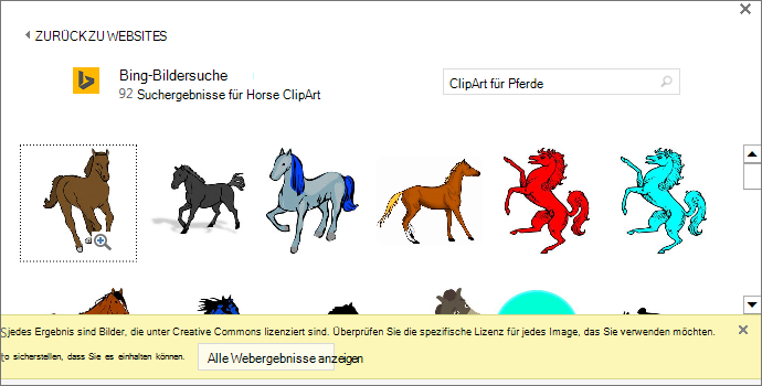 Wenn Sie nach Pferde-ClipArt suchen, erhalten Sie eine Vielzahl von Bildern unter einer Creative Commons-Lizenz.