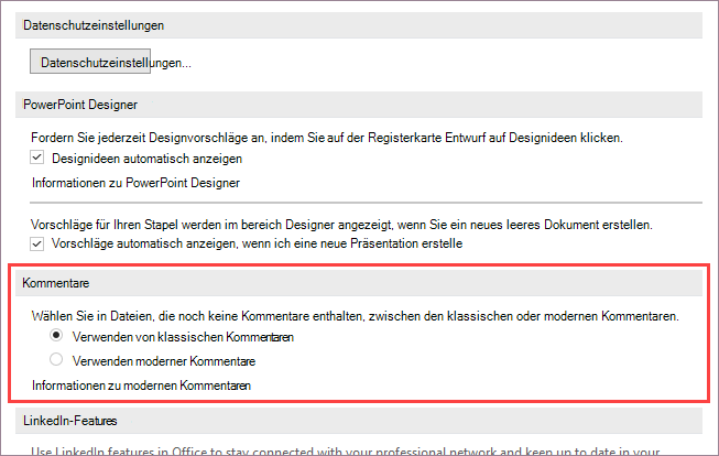 Optionen für moderne Kommentare