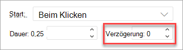 Das Feld Verzögerung beim Anwenden einer Animation in PowerPoint im Web.