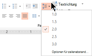 Mit den Menüoptionen Zeilenabstand auf dem Menüband können Sie einen einfachen, doppelten oder anderen vertikalen Zeilenabstand auswählen.