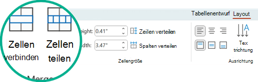 Die Befehle Zellen zusammenführen und Zellen teilen befinden sich in PowerPoint auf der Registerkarte Layout.