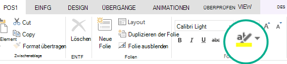 Die Schaltfläche Textmarker befindet sich auf der Registerkarte Start des Menübands in PowerPoint Online.