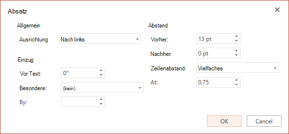 Das Dialogfeld Absatz enthält Optionen zum Festlegen der horizontalen Ausrichtung, des Einzugs am linken Rand und des Zeilenabstands.