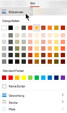 Das Menü Bildrahmen enthält Optionen für Farbe, Stärke und Linienart.
