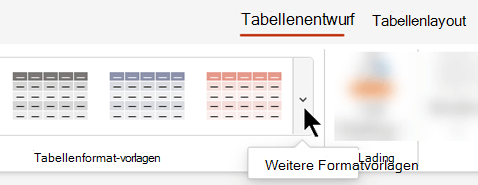 Wählen Sie den Dropdownpfeil Mehr aus, um den vollständigen Katalog der Tabellenformatvorlagen zu öffnen.