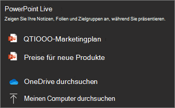 Screenshot: PowerPoint Live Freigabemenü mit Dateioptionen und OneDrive durchsuchen und Dateien durchsuchen.