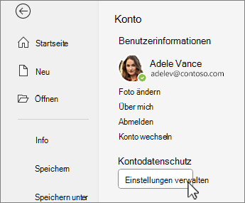 Kontoinformationen auf Backstage